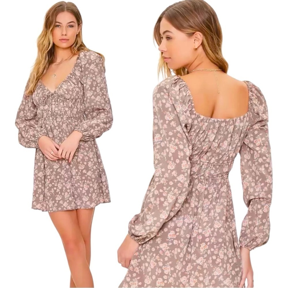 FOREVER 21 Tan Floral Sweetheart Neckline Crepe Mini Dress Womens Size Large